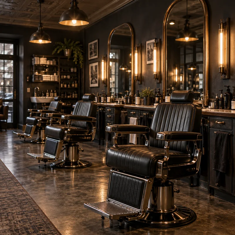 Row of vintage barber chairs under warm lights