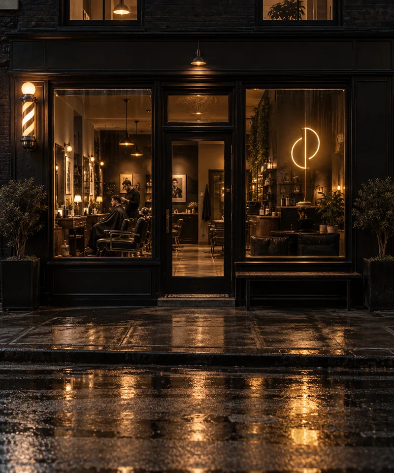 Shop front at night with the neon sign on